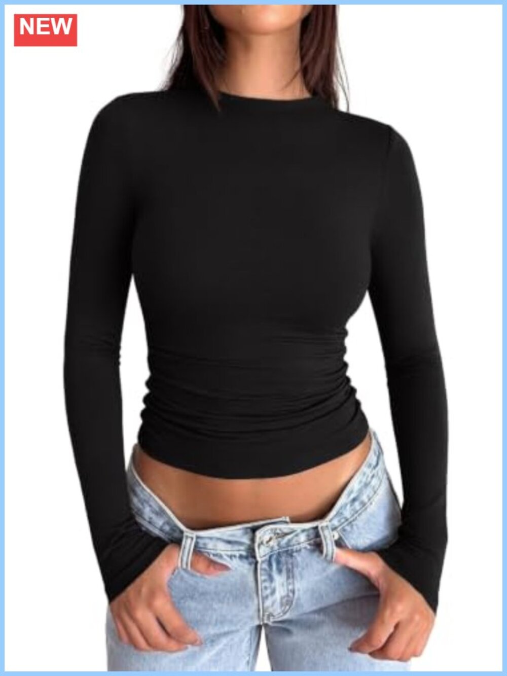 Double Lined Long Sleeve Mock Neck Slim Fit Ruched Business Casual Top